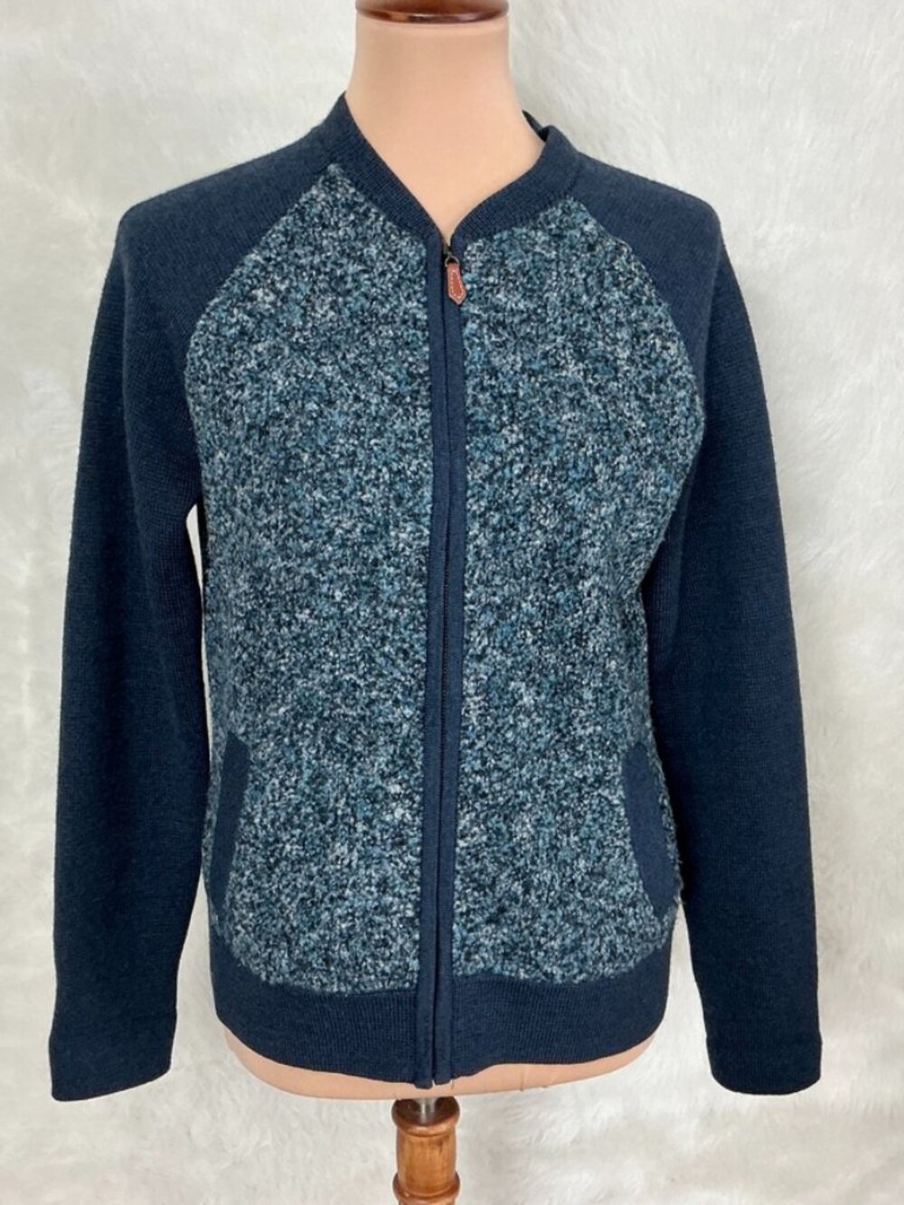 J. McLaughlin Blue Merino Wool Boucle Zip Front Sweater Jacket L